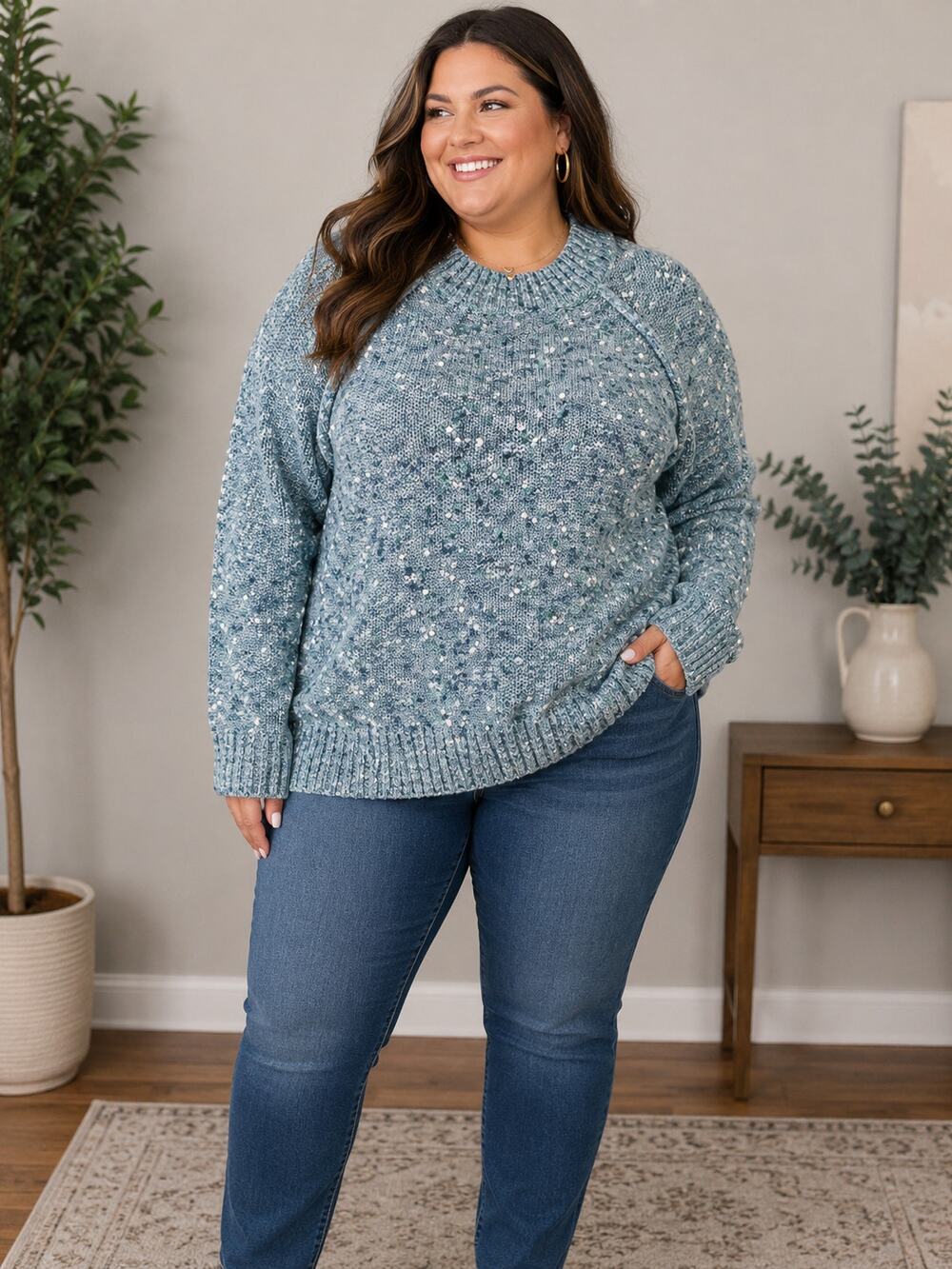 Sonoma XXL Green Speckled Chunky Knit Sweater Mock Neck Cozy Pullover